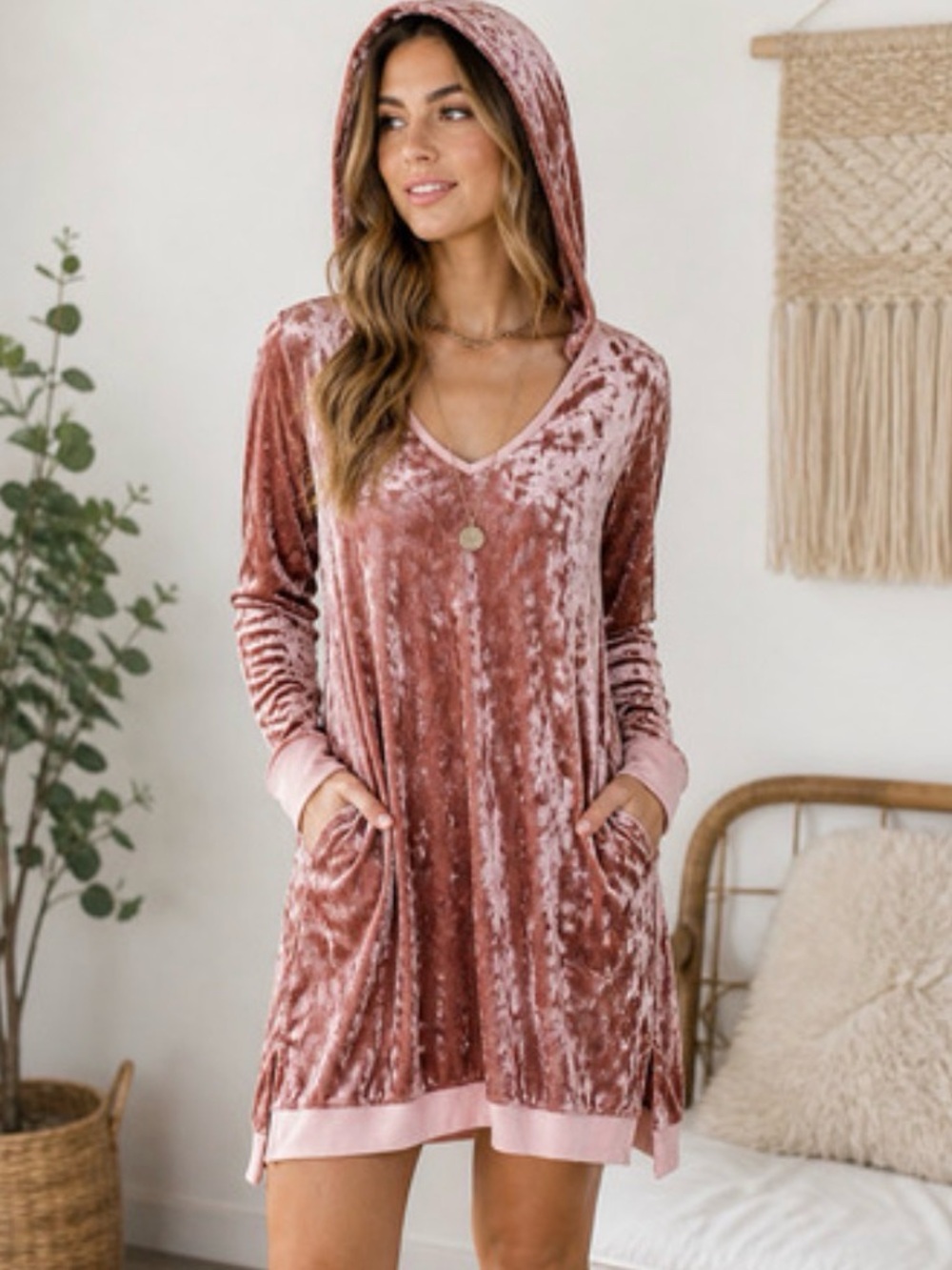 Betsey Johnson Crushed Velvet Hooded Loungewear Soft Stretch Mini Dress in Rose
